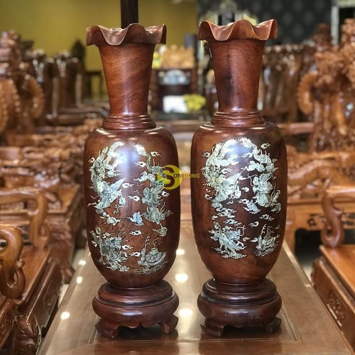 Lục Bình Gỗ Lim Một Cặp Cẩn Ốc Cao 70Cm Hàng Nguyên Khối